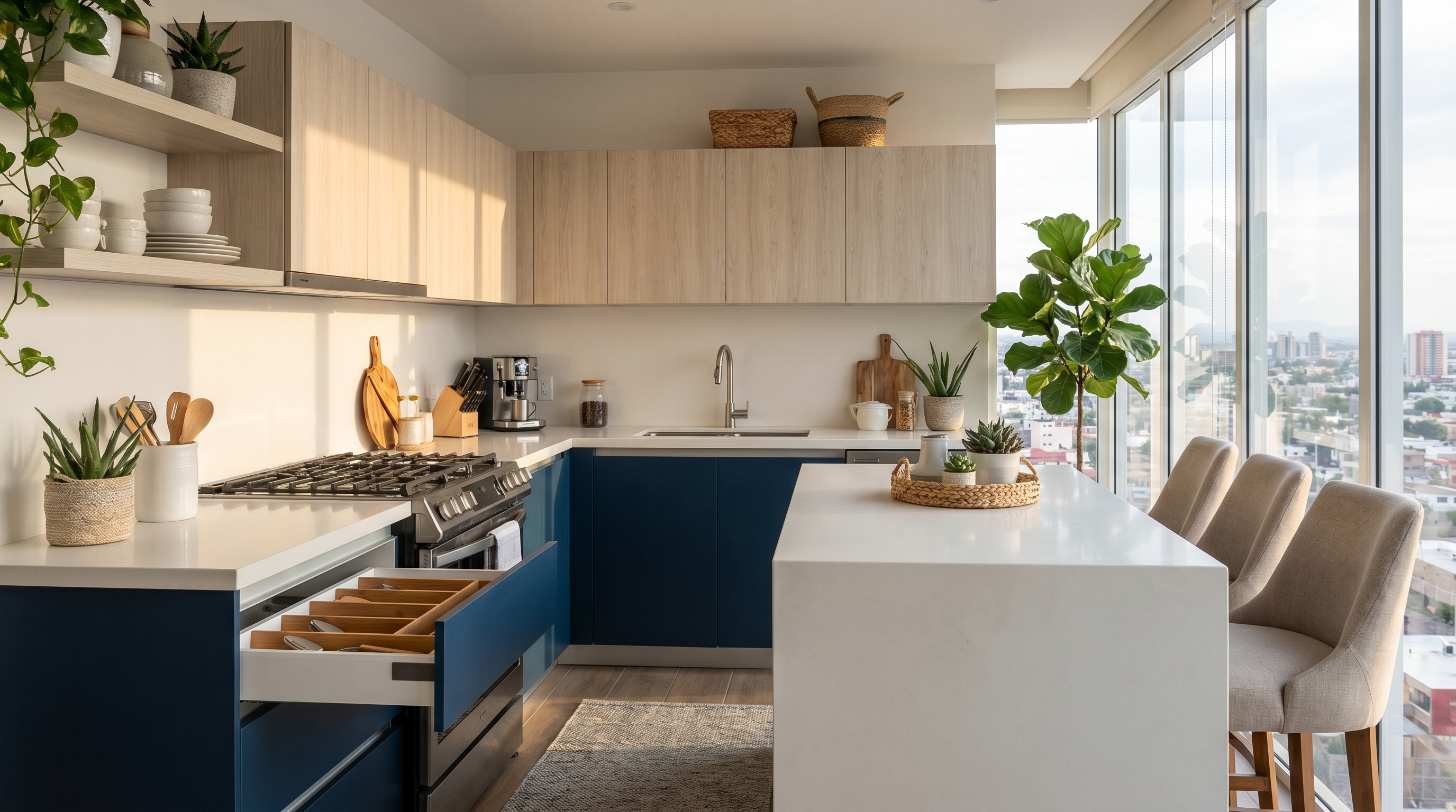 Cocina integral premium en departamento de Chihuahua con melamina Oxford