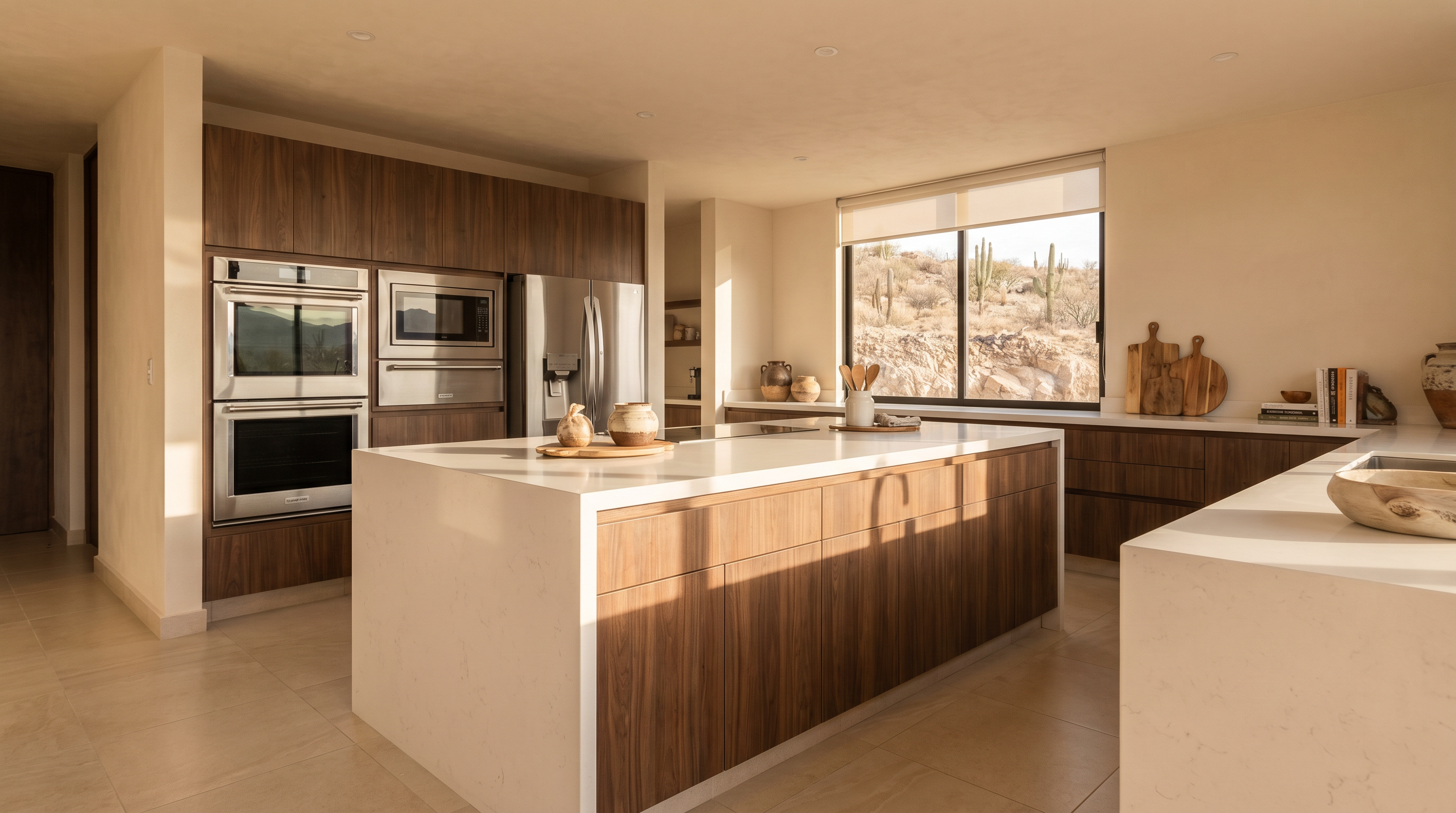 Cocina integral contemporánea en Chihuahua con isla central de melamina nogal y cubierta de cuarzo