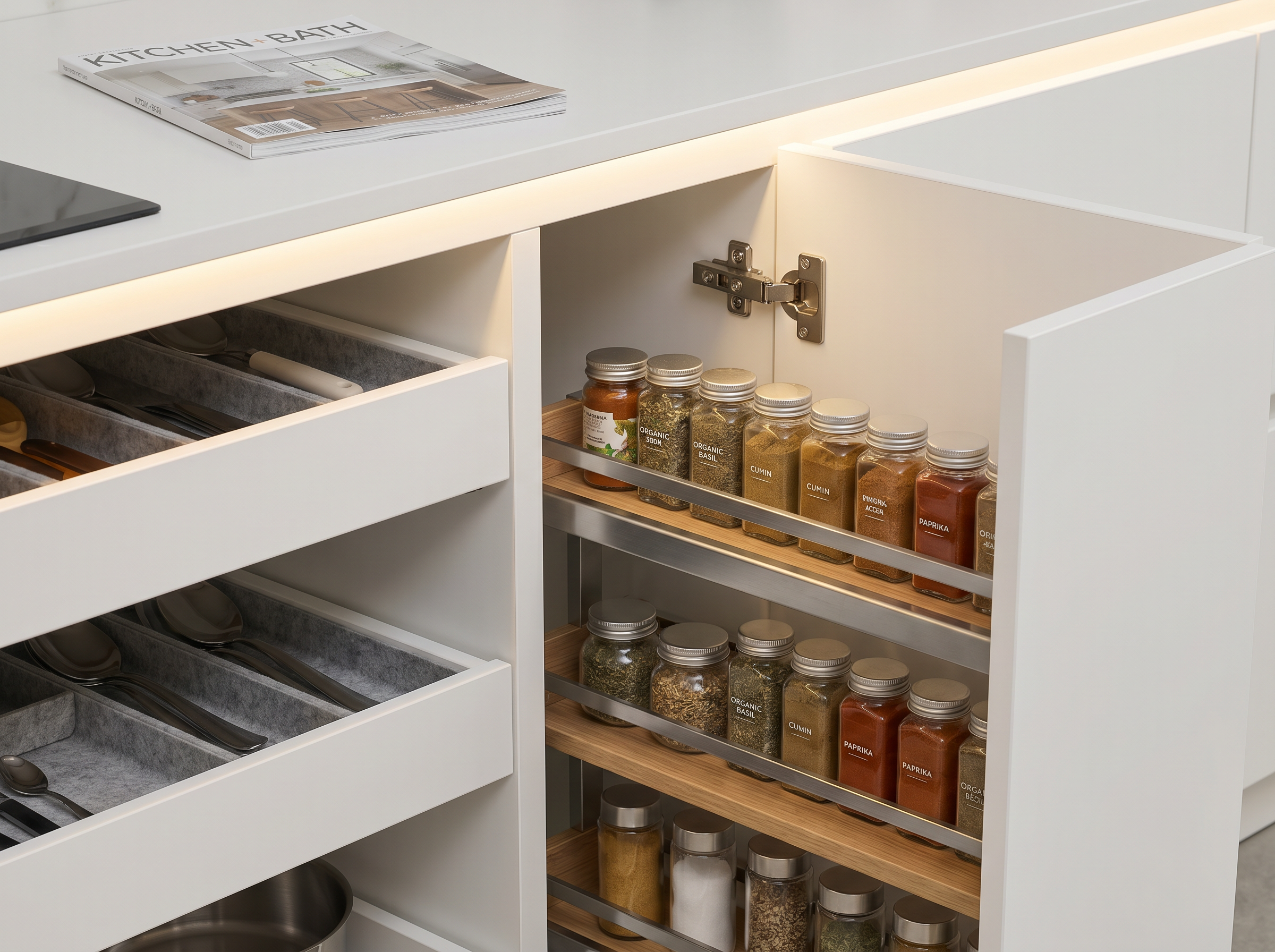 Interior de gabinete de cocina mostrando calidad de melamina Arauco